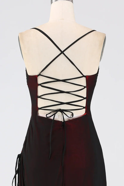 Sheath Spaghetti Straps Black Red Floor Length Bridesmaid Dress