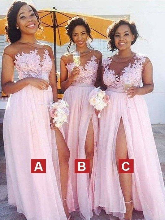 A-Line/Princess Scoop Sleeveless Floor-Length Applique Chiffon Bridesmaid Dresses - RongMoon