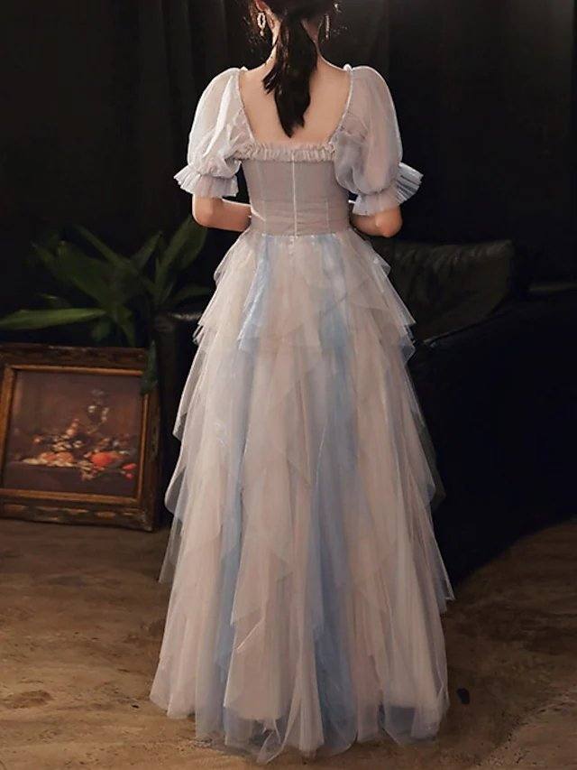 A-Line Color Block Elegant Wedding Guest Prom Dress Scoop Neck Half Sleeve Floor Length Tulle with Pleats Ruffles - RongMoon