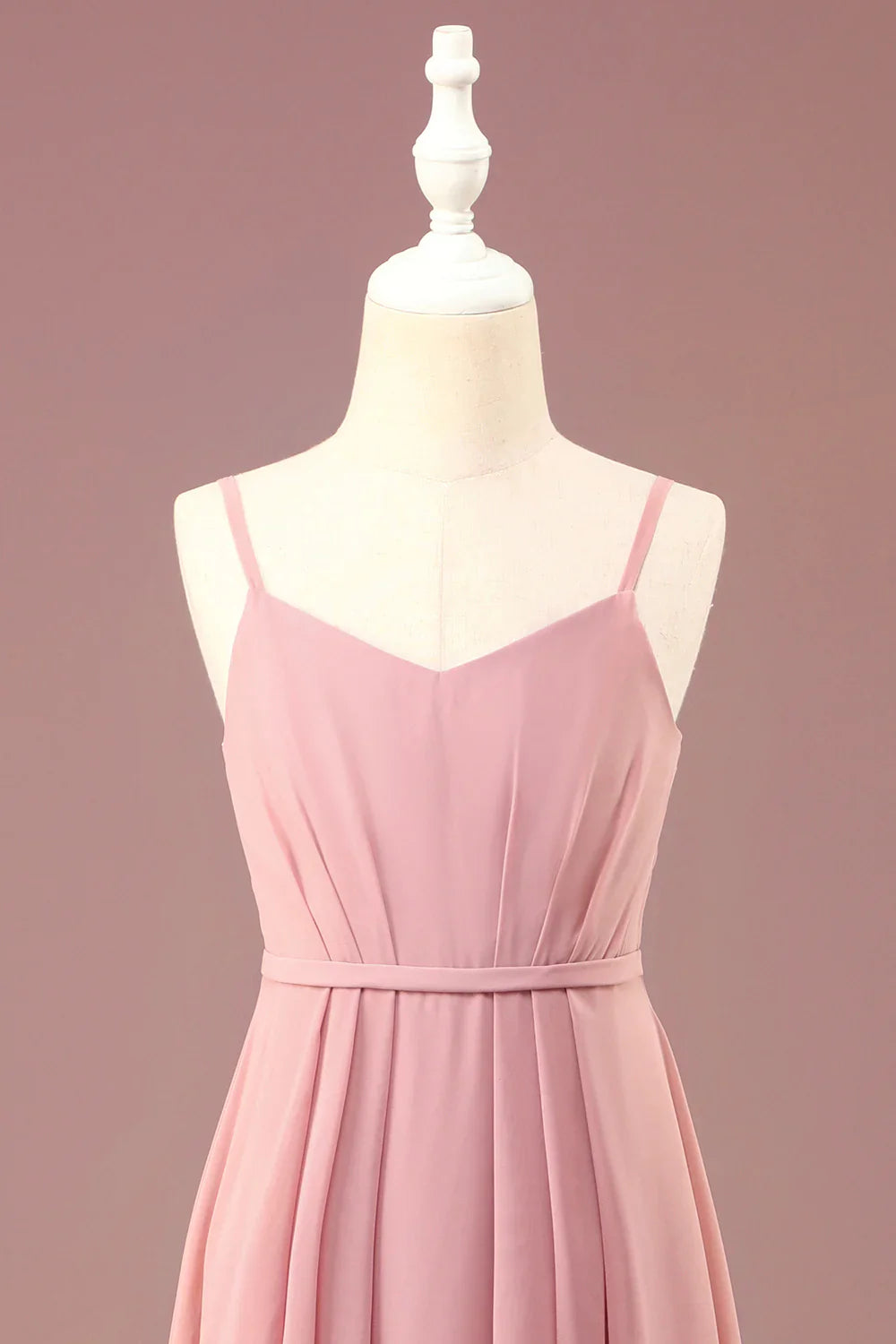 Dusty Rose A-line Chiffon Spaghetti Straps Long Pleated Junior Bridesmaid Dress