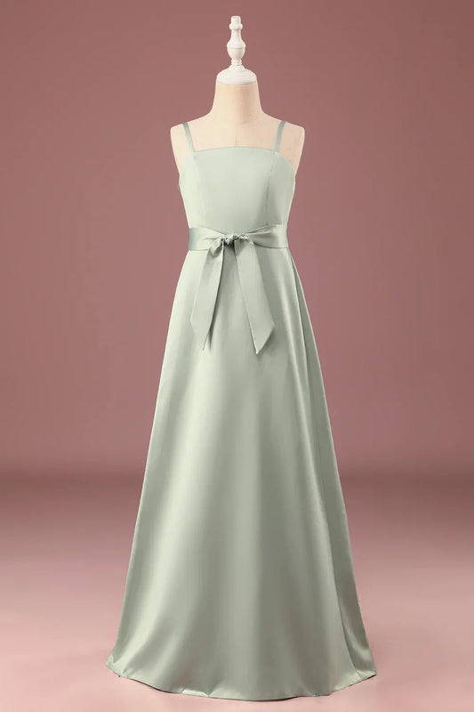 Matcha A-line Satin Spaghetti Straps Long Junior Bridesmaid Dress