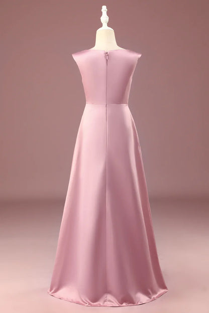 Dusty Rose Satin A-line Pleated V-neck Long Junior Bridesmaid Dress