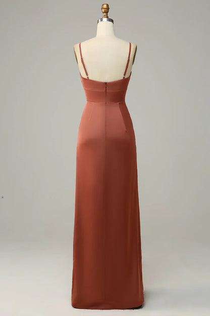 Brick Red Sheath Spaghetti Straps Satin Bridesmaid Dress With Slit