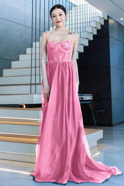 A-Line Sweep-Brush Train Tulle Prom Dress CS0480