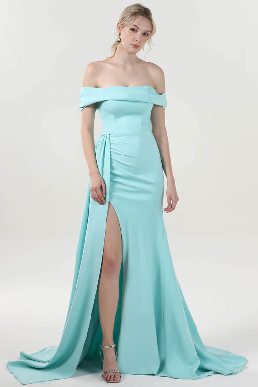 Sheath-Column Sweep-Brush Train Stretch Crepe Formal Dress CS0592