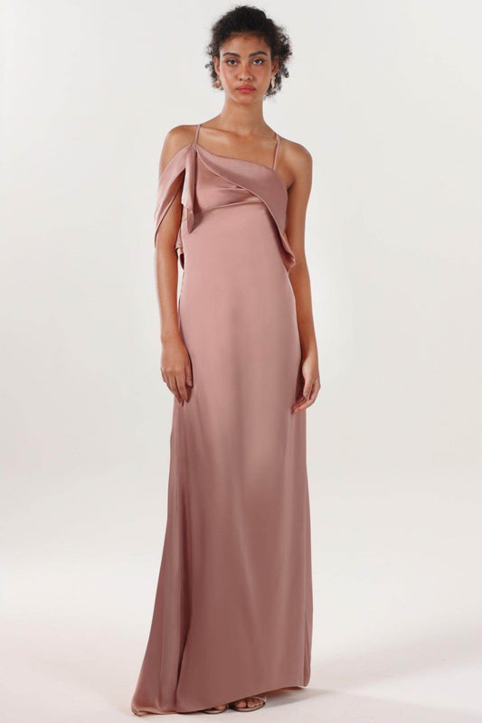 Sheath-Column Sweep-Brush Train Luxe Satin Bridesmaid Dress CS0598BM