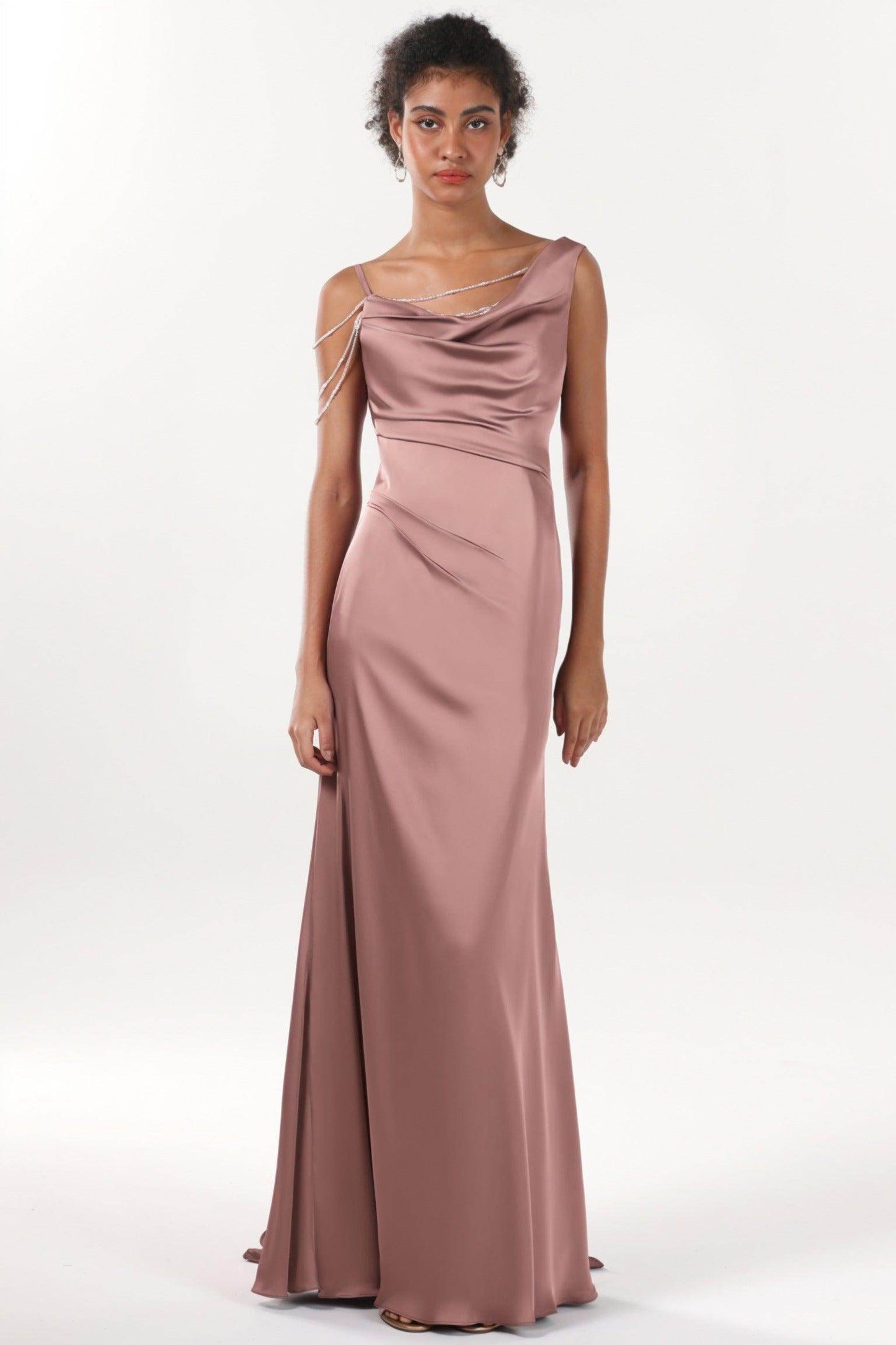 Sheath-Column Sweep-Brush Train Luxe Satin Bridesmaid Dress CS0600BM
