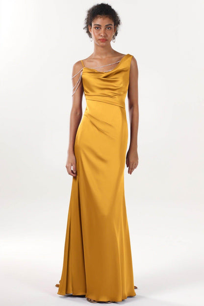 Sheath-Column Sweep-Brush Train Luxe Satin Bridesmaid Dress CS0600BM