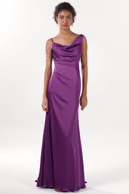 Sheath-Column Sweep-Brush Train Luxe Satin Bridesmaid Dress CS0600BM