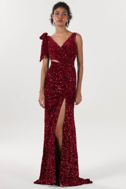 Sheath-Column Sweep-Brush Train Velvet Sequin Formal Dress CS0633