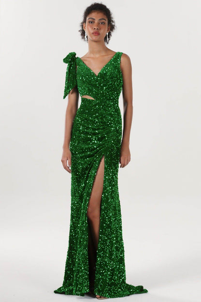 Sheath-Column Sweep-Brush Train Velvet Sequin Formal Dress CS0633