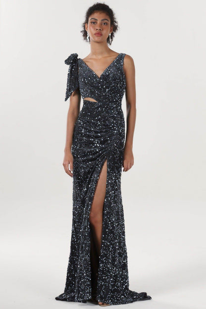 Sheath-Column Sweep-Brush Train Velvet Sequin Formal Dress CS0633