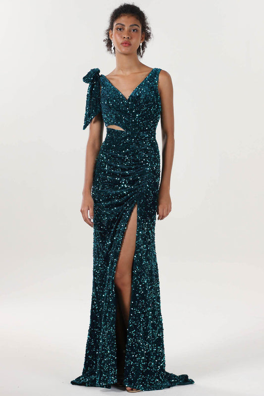 Sheath-Column Sweep-Brush Train Velvet Sequin Formal Dress CS0633