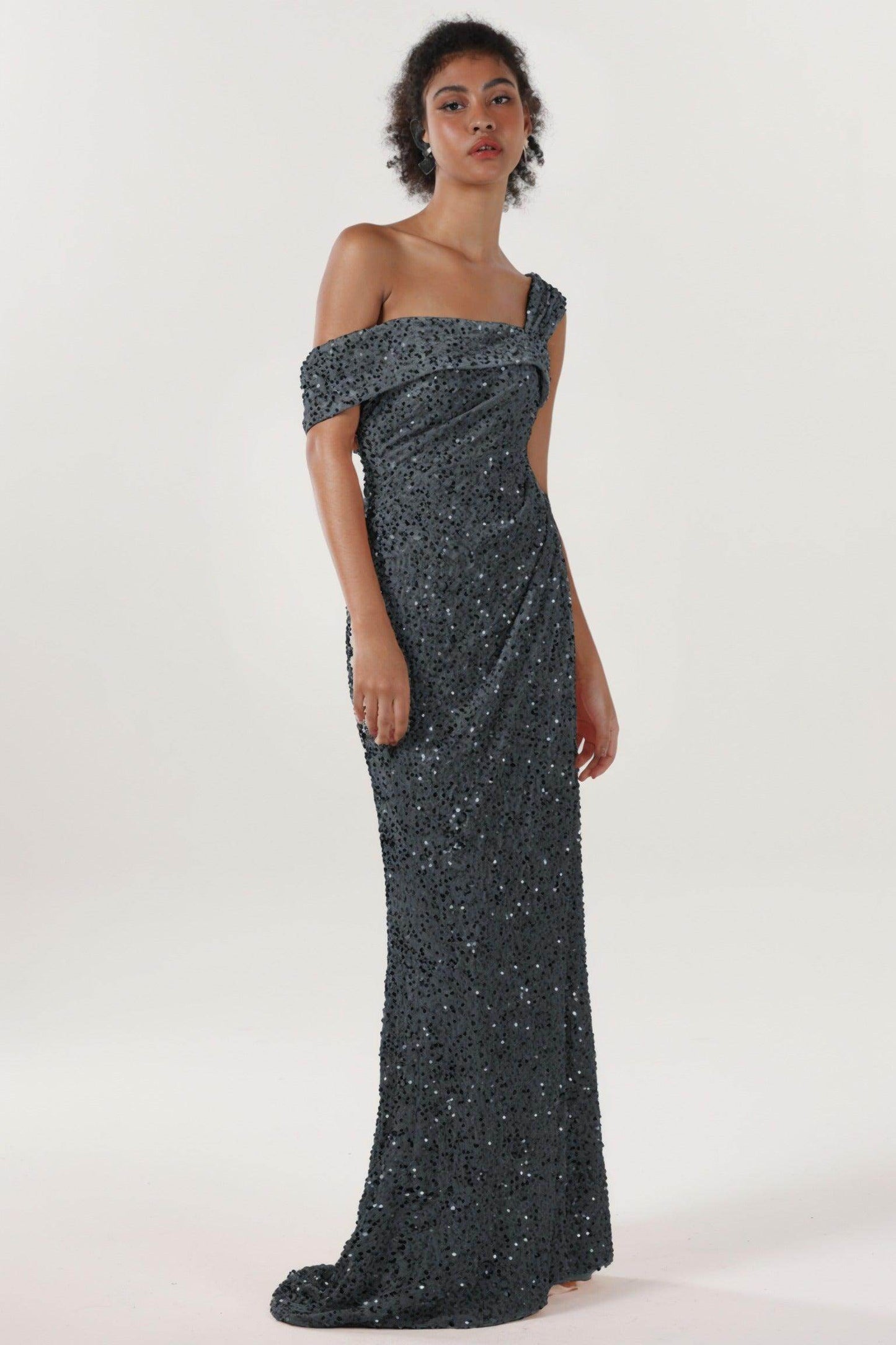 Sheath-Column Sweep-Brush Train Velvet Sequin Bridesmaid Dress CS0635BM
