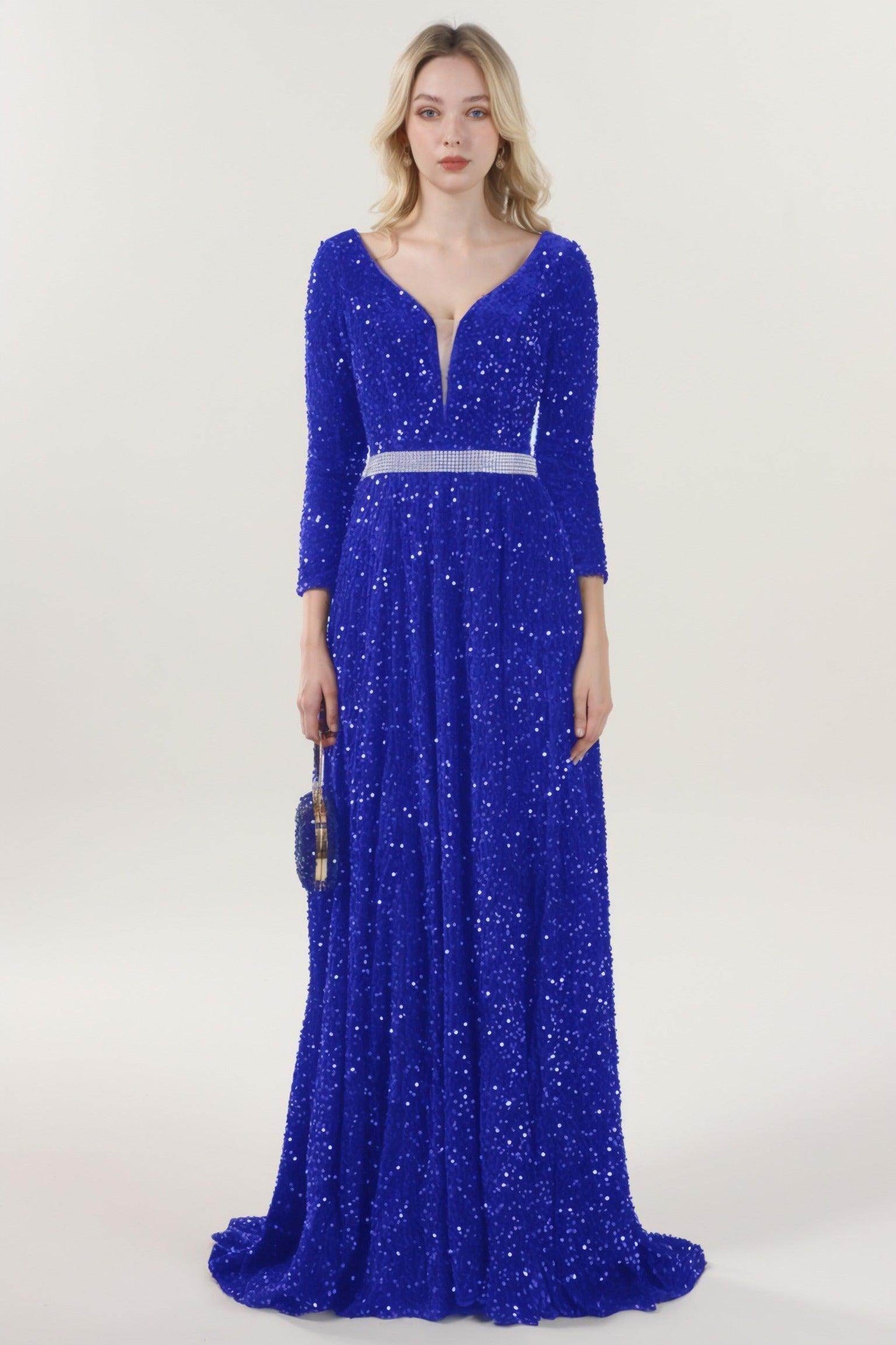 A-Line Sweep-Brush Train Velvet Sequin Formal Dress CS0636