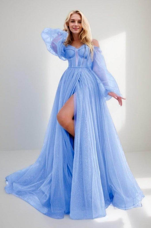 A-Line Sweep-Brush Train Tulle Prom Dress CS0701