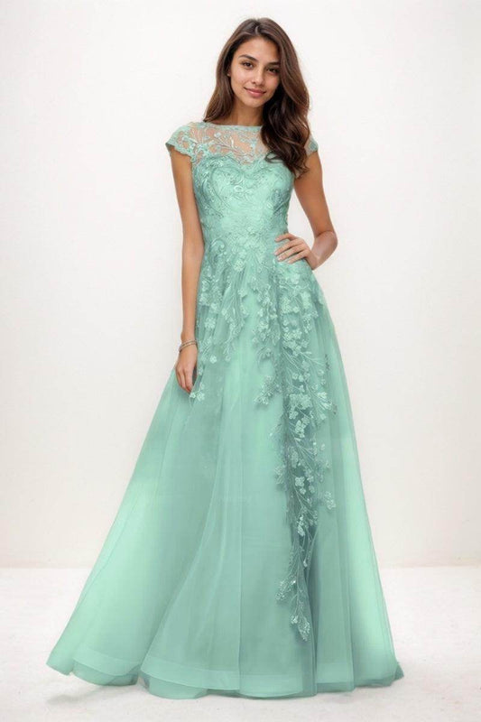 Illusion Neck A-Line Sweep Train Lace/Tulle Prom Dresses CS0747