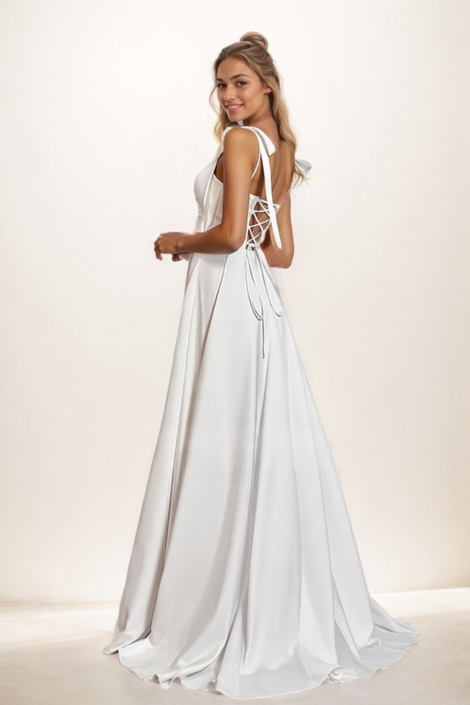 A-Line High Split Sweep Train Matte Satin Prom Dresses CS0807