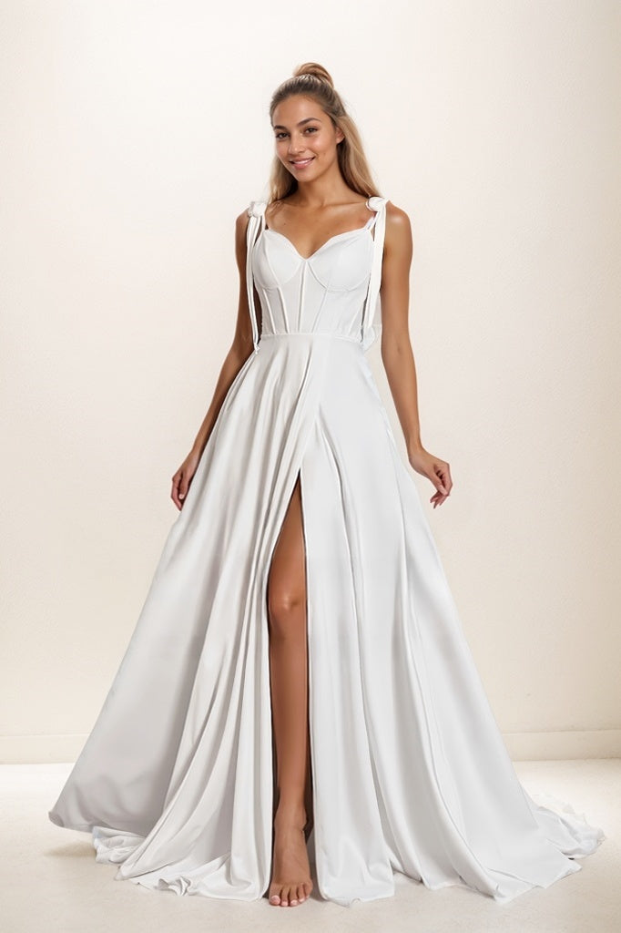 A-Line High Split Sweep Train Matte Satin Prom Dresses CS0807