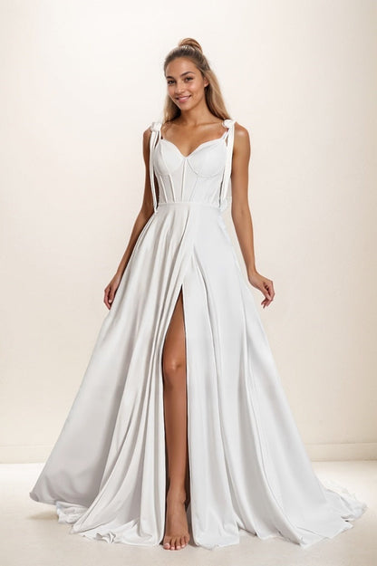 A-Line High Split Sweep Train Matte Satin Prom Dresses CS0807