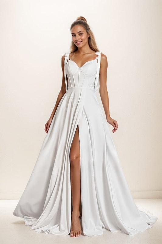 A-Line High Split Sweep Train Matte Satin Prom Dresses CS0807