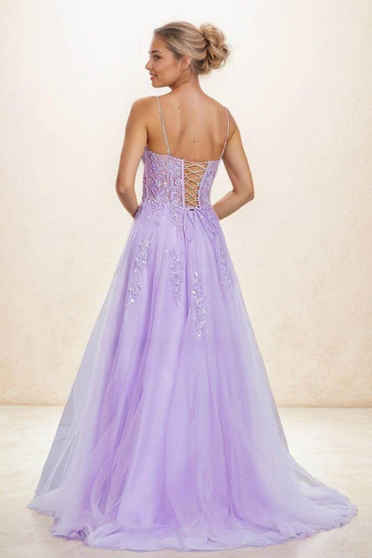 V Neck Lace Illusion Corset A Line Sweep Train Tulle Prom Dresses CS0813