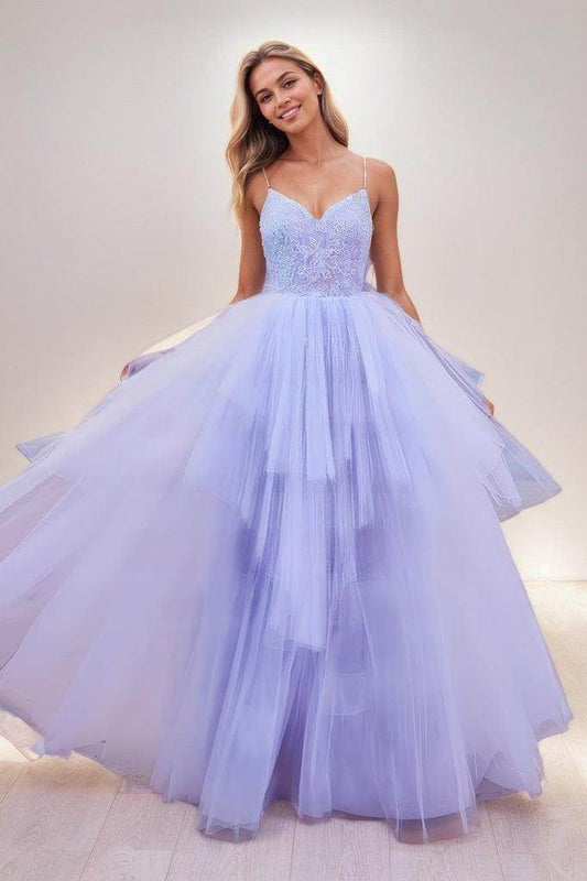 V Neck Spaghetti Straps Lace A Line Floor Length Tulle Prom Dresses CS0814