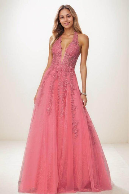 Shiny Halter Lace Illusion Corset A Line Sweep Prom Dresses CS0815