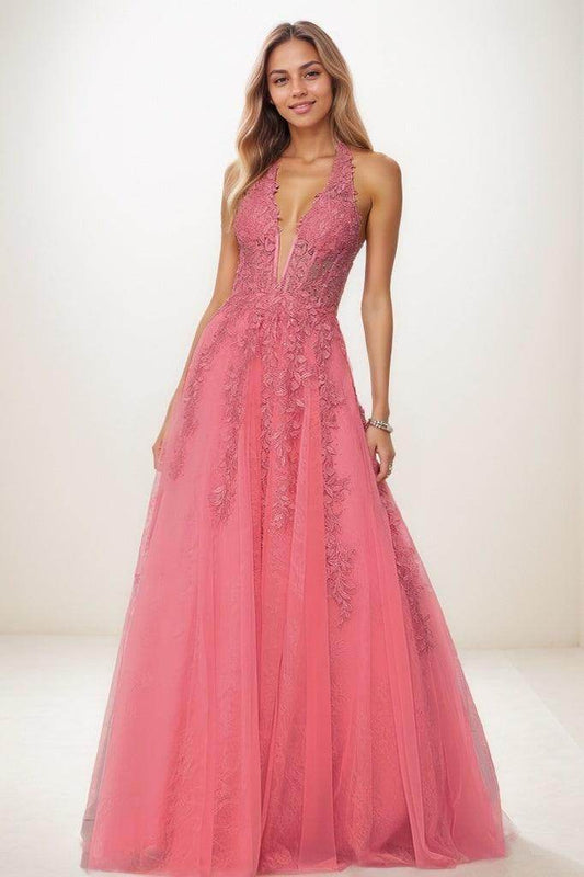 Shiny Halter Lace Illusion Corset A Line Sweep Prom Dresses CS0815