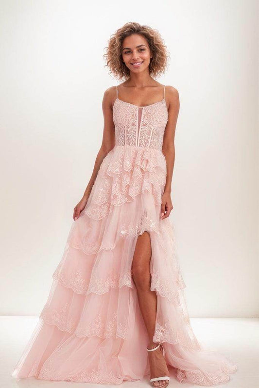 Cowl Neck Spaghetti Straps Lace Corset A Line Tulle Prom Dress CS0816