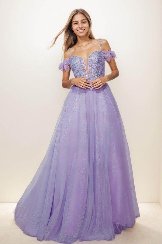 Sequin Lace Cold Shoulder A-Line Floor-Length Tulle Prom Dress CS0818