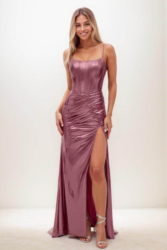 Sparkle Scoop Neck Spaghetti Straps Lace Up Back Prom Dresses CS0833