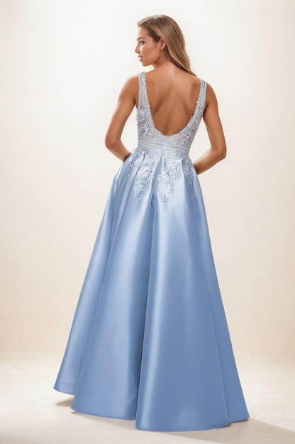 V-Neck Sleeveless Plunge Neck Satin Prom Dresses With Lace CS0837