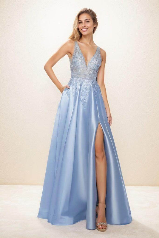 V-Neck Sleeveless Plunge Neck Satin Prom Dresses With Lace CS0837