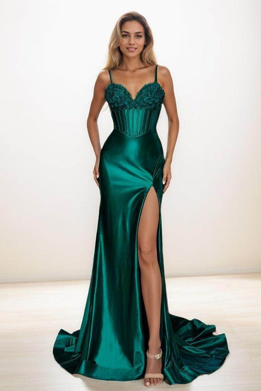 Sweetheart Corset High Split Mermaid Sweep Train Satin Prom Dresses CS0851