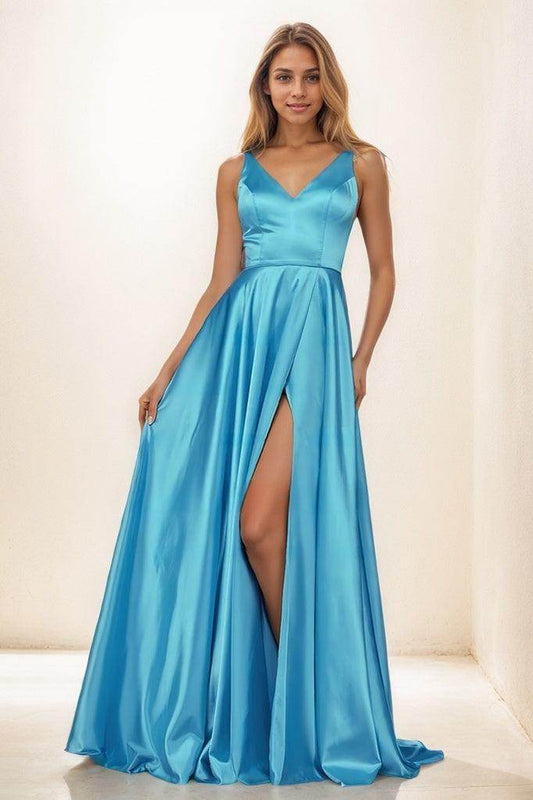 V Neck  High Split A Line Sweep Train Satin Prom Dresses CS0853