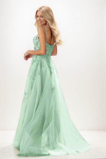Sweetheart Spaghetti Straps Applique A Line Tulle Prom Dresses CS0943