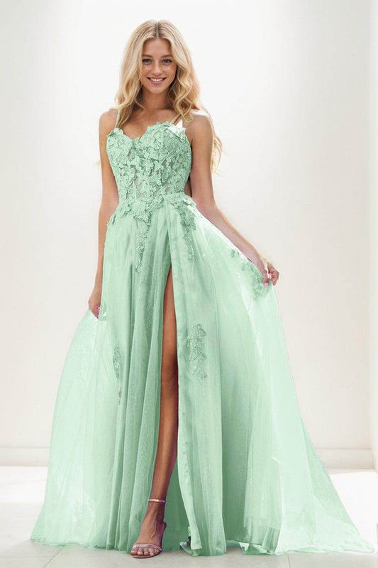 Sweetheart Spaghetti Straps Applique A Line Tulle Prom Dresses CS0943