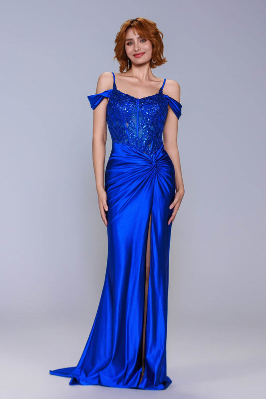 Sheath-Column Sweep-Brush Train Stretch Satin Prom Dress CS1053