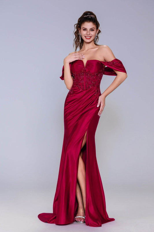 Sheath-Column Sweep-Brush Train Stretch Satin Prom Dress CS1058