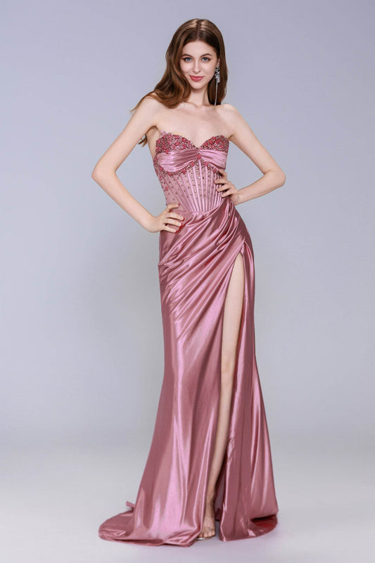 Sheath-Column Sweep-Brush Train Stretch Satin Prom Dress CS1063