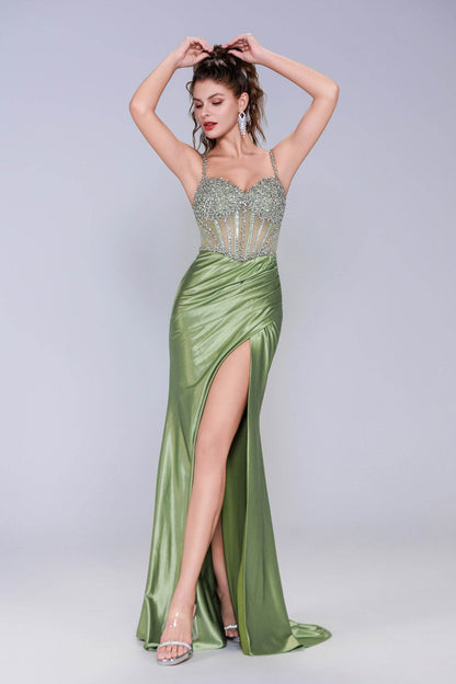 Sheath-Column Sweep-Brush Train Stretch Satin Prom Dress CS1064