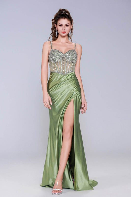 Sheath-Column Sweep-Brush Train Stretch Satin Prom Dress CS1064