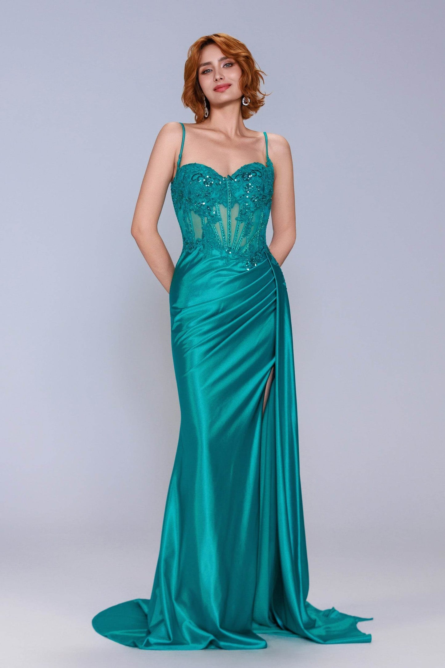 Sheath-Column Sweep-Brush Train Stretch Satin Prom Dress CS1065