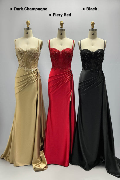 Sheath-Column Sweep-Brush Train Stretch Satin Prom Dress CS1065
