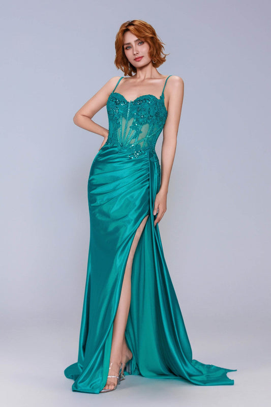 Sheath-Column Sweep-Brush Train Stretch Satin Prom Dress CS1065
