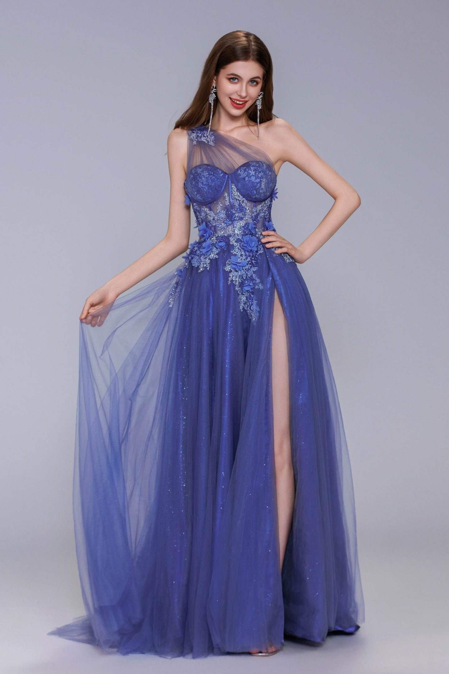 A-Line Sweep-Brush Train Tulle Prom Dress CS1069