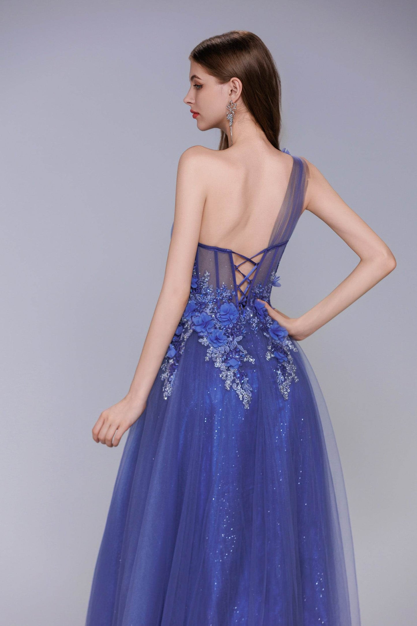 A-Line Sweep-Brush Train Tulle Prom Dress CS1069