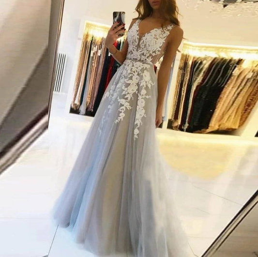 Silver Prom Dresses A-line V-neck Tulle Appliques Beaded Dubai Saudi Arabic Long Robe De Soiree Prom Gown Evening Dresses - RongMoon