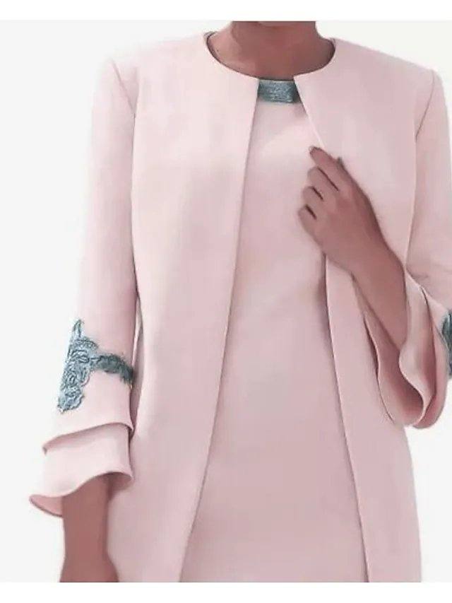 Sheath / Column Mother of the Bride Dress Elegant Jewel Neck Knee Length Satin Long Sleeve with Embroidery - RongMoon